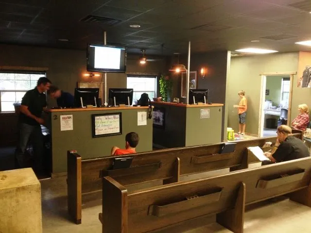 Church pew resting area in waiting room