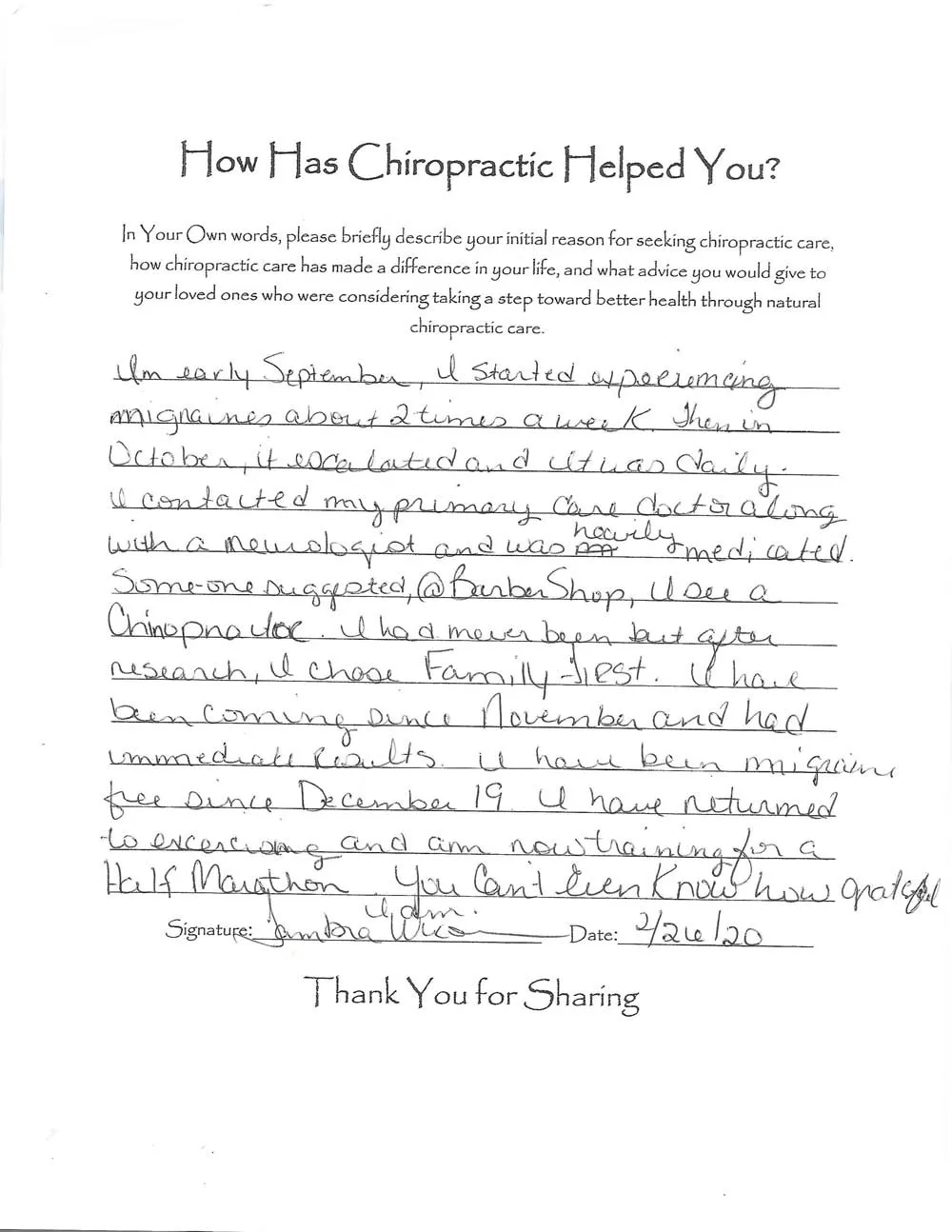 Family First Chiropractic patient testimonial