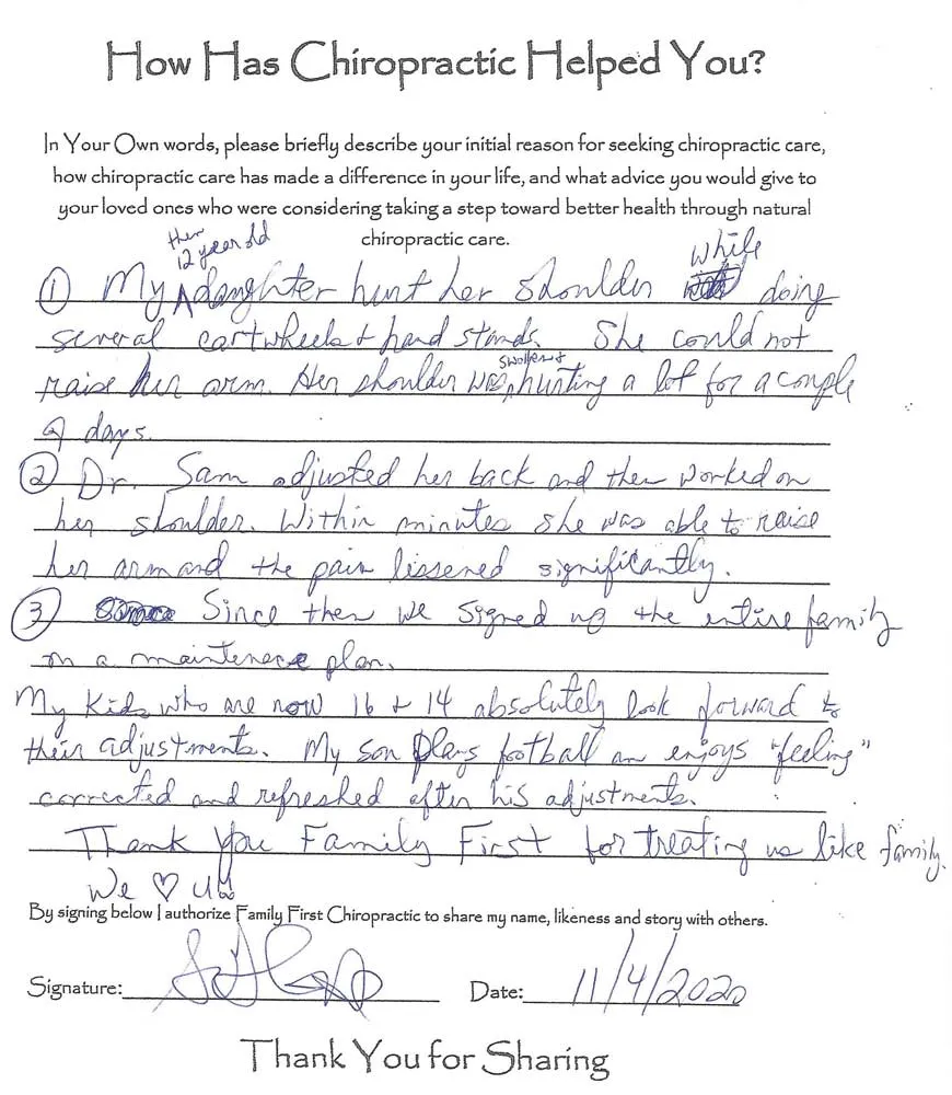 Family First Chiropractic patient testimonial